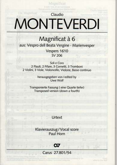 photo of Magnificat a 6 from Vespers 1610 SV 206, Vocal score, Transposed down a fourth