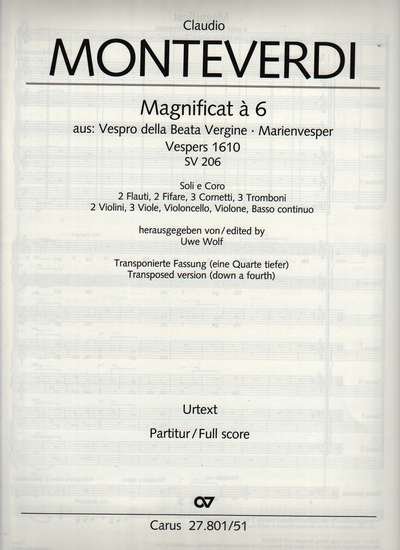 photo of Magnificat a 6 from Vespers 1610 SV 206, Full score, Transposed down a fourth