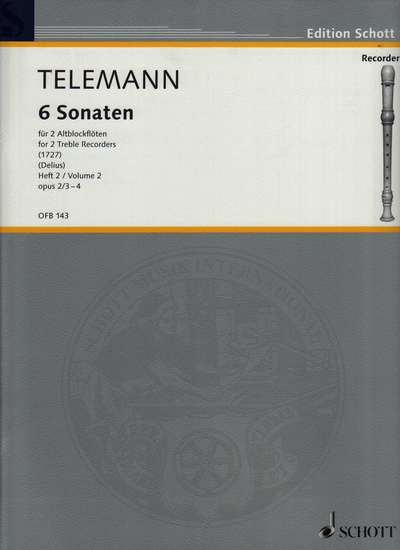 photo of Six Sonatas for two Treble Recorders, Vol. 2, opus 2 No.3-4, TWV 40:103,104trans